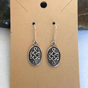 Sterling Silver 925 Signed L.M. Oval Oxidized Celtic Knot Dangle Drop Earrings